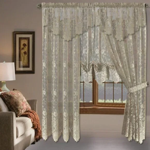 Linen Floral Lace Curtain Set Sheer Beige Panels For Living Room Bedroom Decor - Picture 1 of 4